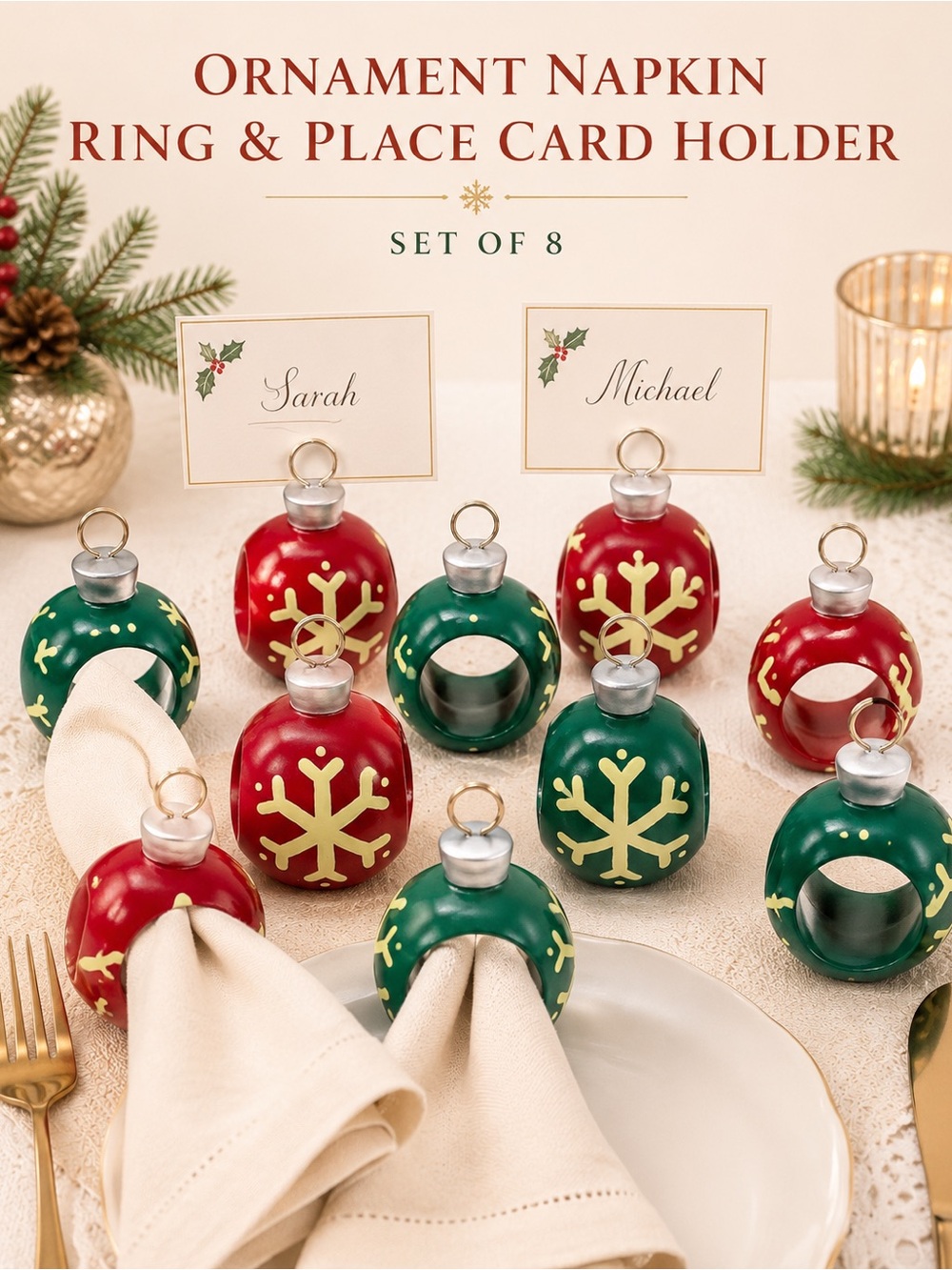 Holiday Things Ornament Napkin Rings & Place Card Holders Set of 8 NWT
